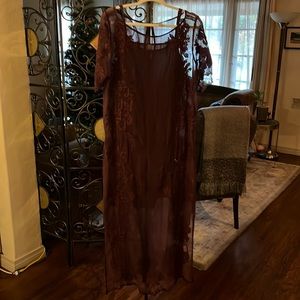 Full length, sheer with slip, embroidered burgundy dress.